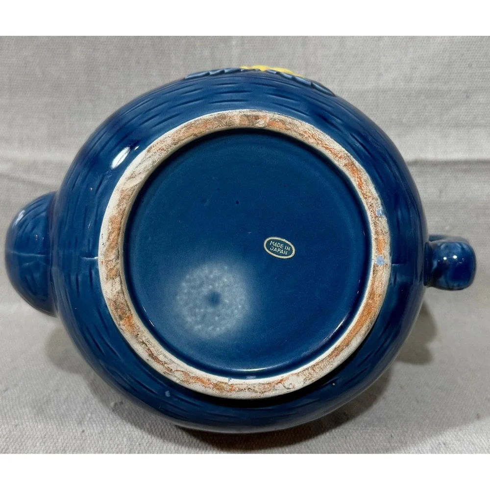 Vintage Cobalt Blue Ceramic Teapot Fruit Relief Apple Pear Made in Japan 7x8